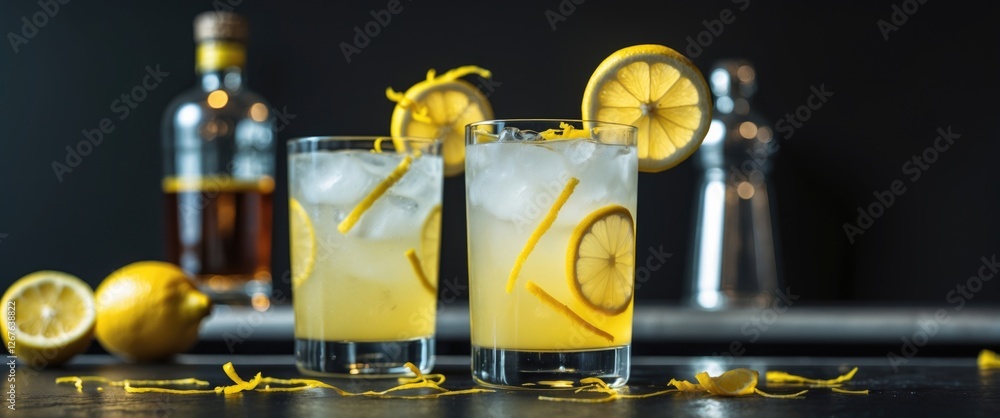 Poster Refreshing lemon cocktail garnished with lemon zest served in glasses on a bar with a black background and blurred bottles in the backdrop.