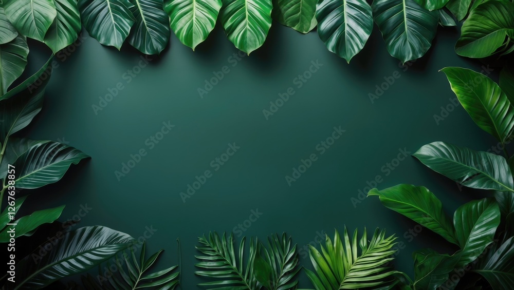 Poster lush green leaf frame on dark background for nature and environmental themes with copy space for tex