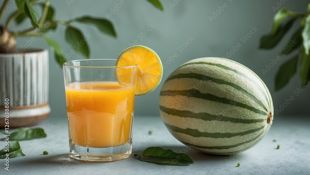 Aufkleber Refreshing glass of juice with melon and lemon slice on a soft green background perfect for summer drink promotions and advertising space.