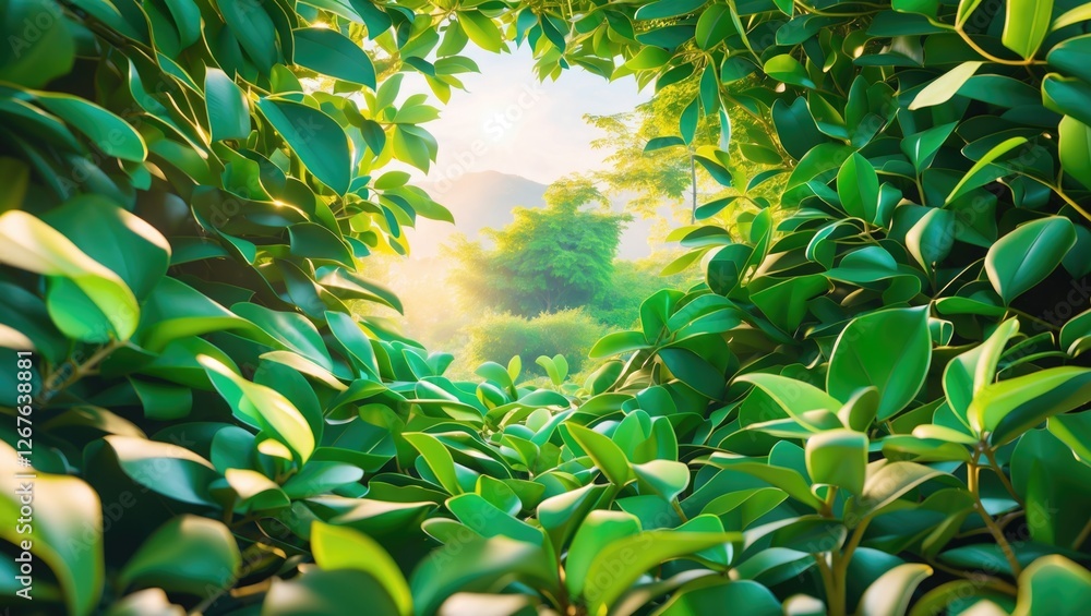 Poster serene sunlight filtering through lush green leaves in a tranquil forest setting.