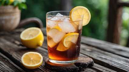 Fototapeta premium Refreshing iced tea with lemon slices on rustic wooden table, ideal for summer promotions and beverage advertisements. Empty space for text.