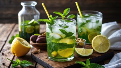 Fototapeta premium Refreshing Mojito Cocktail with Fresh Ingredients on Rustic Wooden Table
