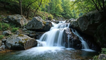 Obraz premium Picturesque waterfall surrounded by green trees and rocks, in landscape photography style