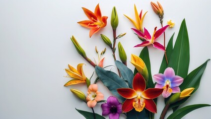 Naklejka premium Vibrant Exotic Flowers Mixed Arrangement on White Background Ideal for Floral Designs and Nature Themes