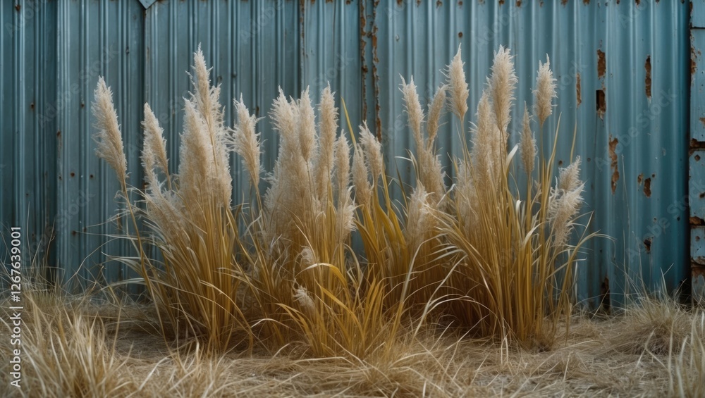 Poster dried golden grass against a rustic gray corrugated iron background creating a serene and textured o