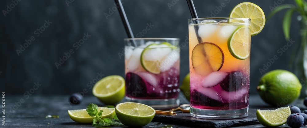 Poster refreshing iced lemonade glasses with honey and plum garnished with lime slices set against a dark b