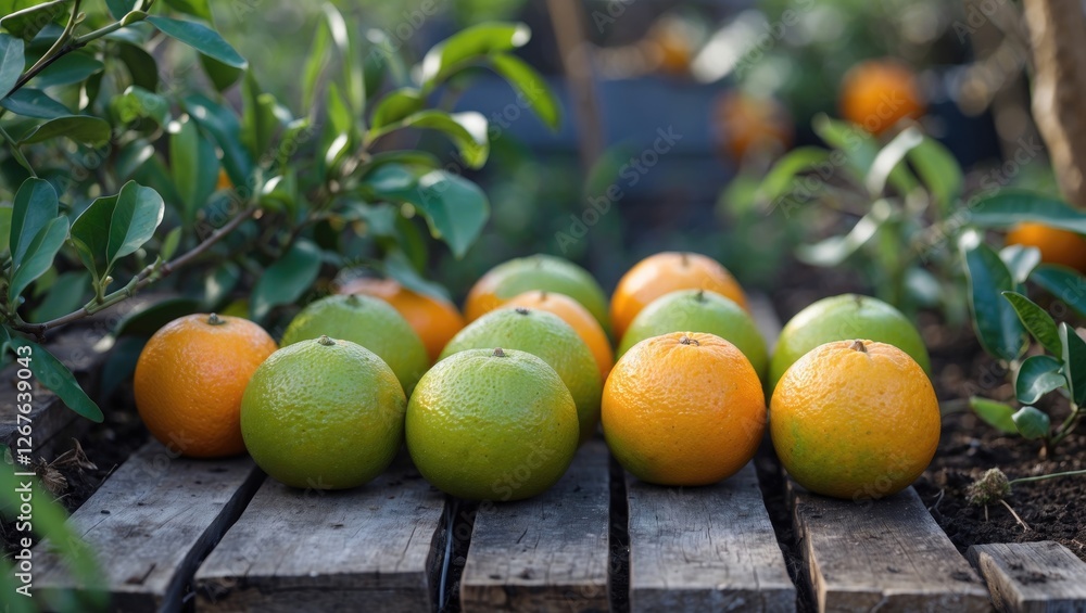 Poster freshly picked oranges and green oranges arranged on wooden pallets in a garden with natural greener