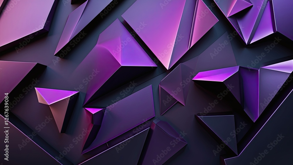 Poster abstract composition of geometric shapes in vibrant purple and black tones, creating a dynamic and m
