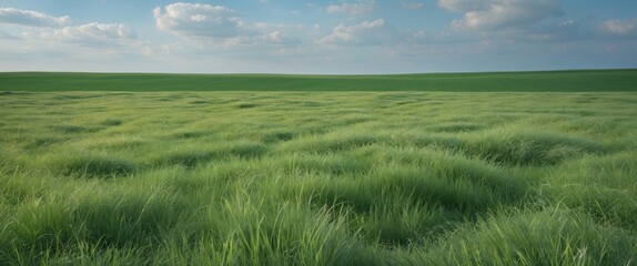 Vast Expanses of Lush Green Grass Under a Bright Blue Sky with Wispy Clouds