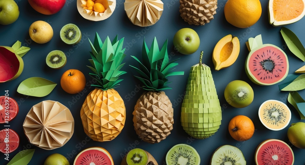 Poster colorful paper fruit arrangement with exotic shapes and empty space for creative text or design elem