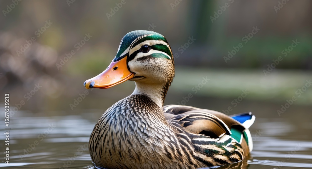 Poster majestic duck swimming gracefully in a calm water setting with space for text and messaging
