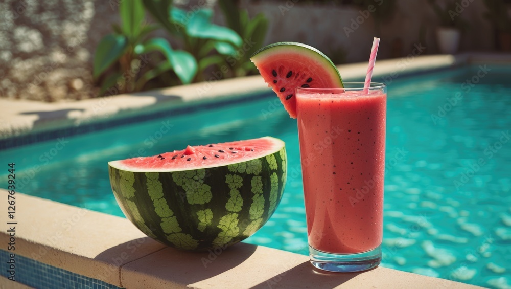 Poster Refreshing Watermelon Smoothie Next to a Pool, Summer Vibes with a Slice of Watermelon and Empty Space for Text or Branding