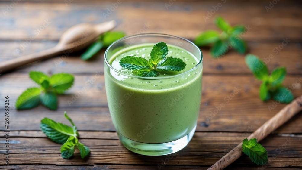 Poster mint smoothie served in a clear glass on rustic wooden table surrounded by fresh mint leaves with sp