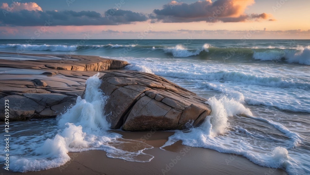 Aufkleber serene dawn over a rocky beach with gentle waves creating soft patterns on the shore under a colorfu