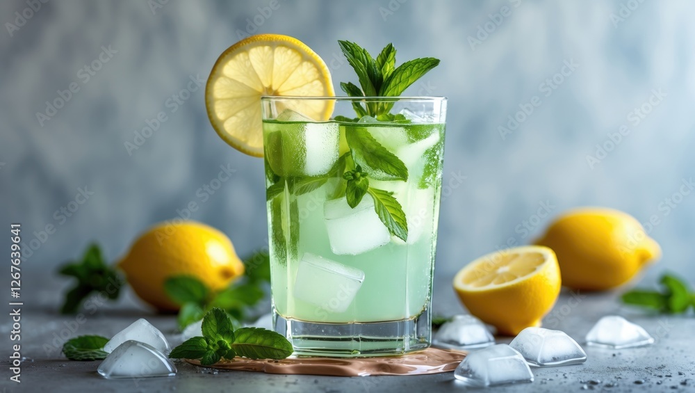 Poster Refreshing Lemonade Drink with Mint Garnish and Ice Cubes Surrounded by Fresh Lemons with Space for Text Placement