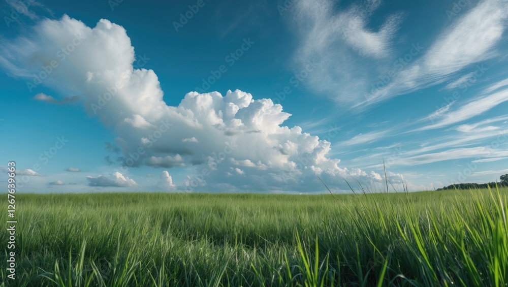 Aufkleber lush green grass field under a clear blue sky with fluffy white clouds and ample space for text over