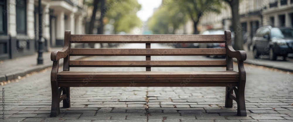Poster empty wooden bench positioned on a charming street surrounded by trees with ample space for text or 