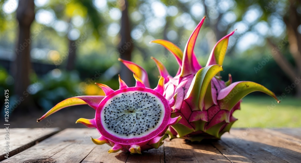 Poster dragon fruit halved on table with natural light and soft bokeh of garden trees in background