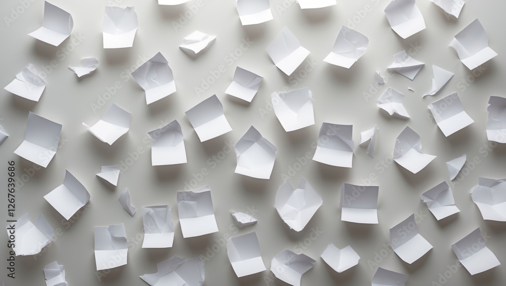 Poster scattered crumpled white paper pieces on a light background providing ample space for text or creati