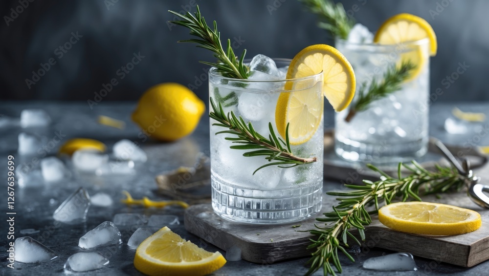 Poster refreshing gin and tonic with ice, lemon zest and rosemary garnish for summer cocktail enjoyment and