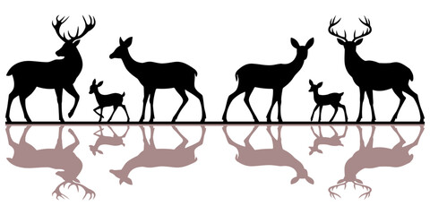 Naklejka premium Graphic black silhouettes of wild deers – male, female and roe deer 