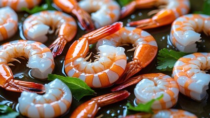 Delicious Fresh Shrimps Displayed with Green Herbs on Dark Background for Culinary and Seafood Related Concepts