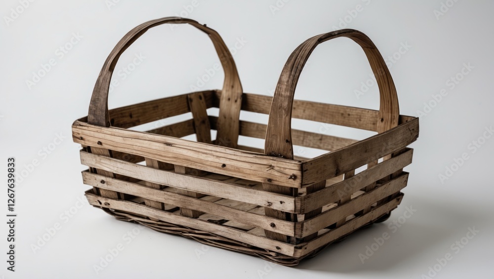 Poster empty rustic wooden basket isolated on white background with ample space for text or product placeme