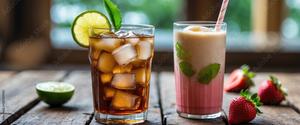 Poster refreshing glass of iced tea with lime and a strawberry milkshake on a rustic wooden table with fres