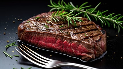 Juicy Grilled Ribeye Steak With Fresh Rosemary On A Dark Surface Garnished With Spices And A Fork For Gourmet Culinary Presentation