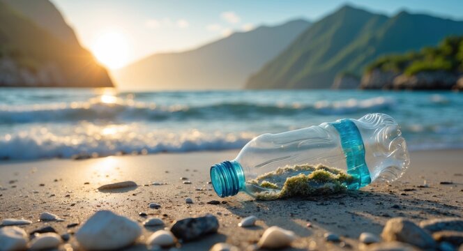 Environmental concerns highlighted by a plastic bottle on a sandy beach under a sunset, surrounded by mountains and ocean waves.