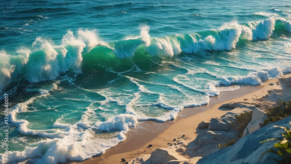 Poster vibrant ocean waves crashing on a serene beach during summer with a clear blue sky and empty space f