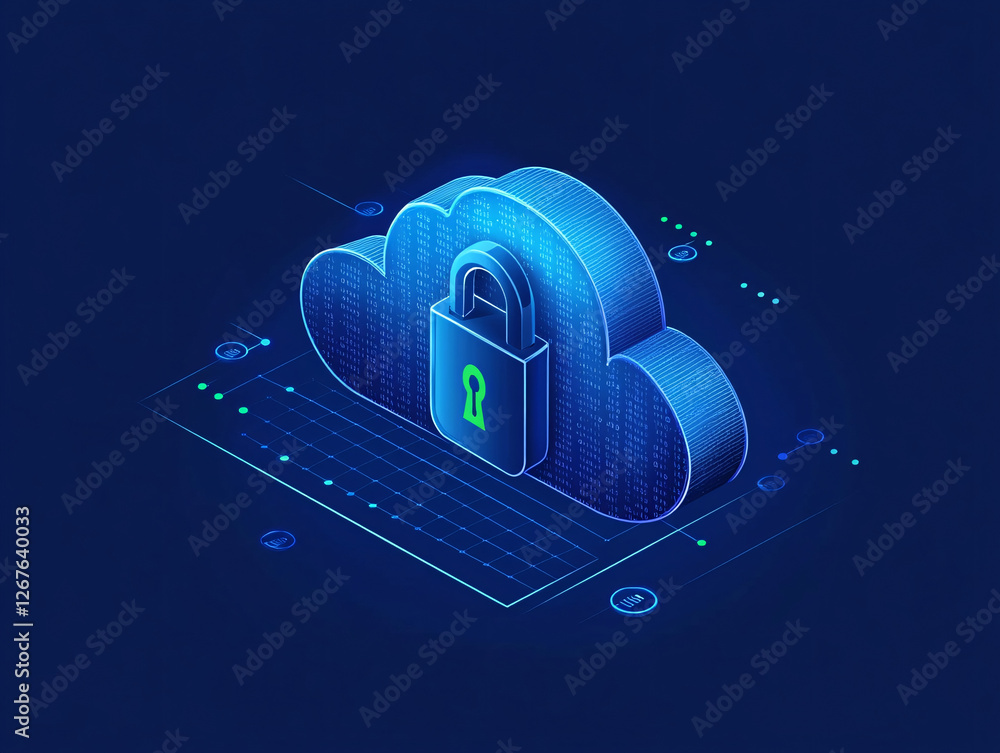 Poster a glowing blue cloud with a lock icon symbolizes cloud security and data protection digital encrypti