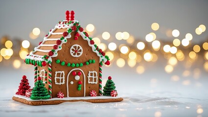 A beautifully crafted gingerbread house decorated with colorful icing, placed against a soft blurred background of twinkling lights, evoking festive