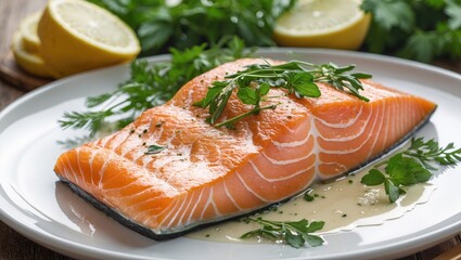 Savory Salmon Fillet Garnished With Fresh Herbs And Lemon On A White Plate Ready For Culinary Presentation