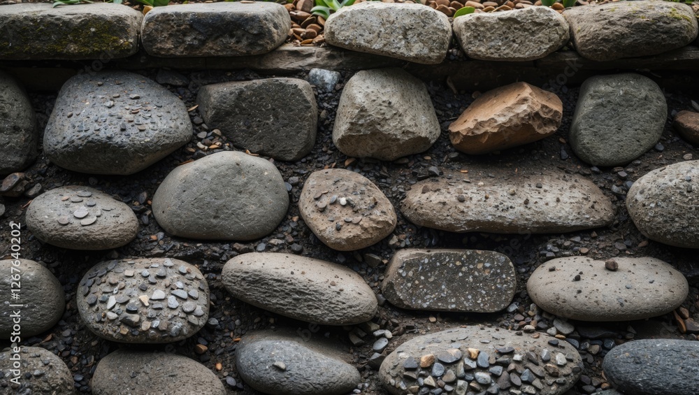 Poster natural textured small stone wall with various shapes and sizes of pebbles creating an earthy and ru