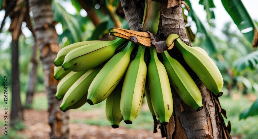 Aufkleber green bananas bunch hanging from tree with natural background and space for text or branding