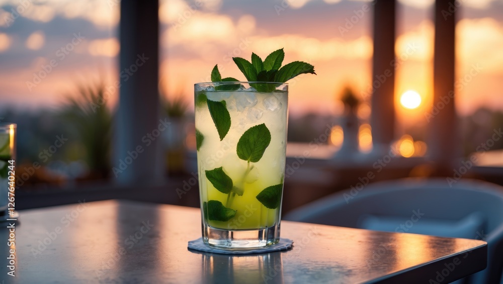 Poster refreshing mojito cocktail with mint garnish on table at sunset in a rooftop bar setting