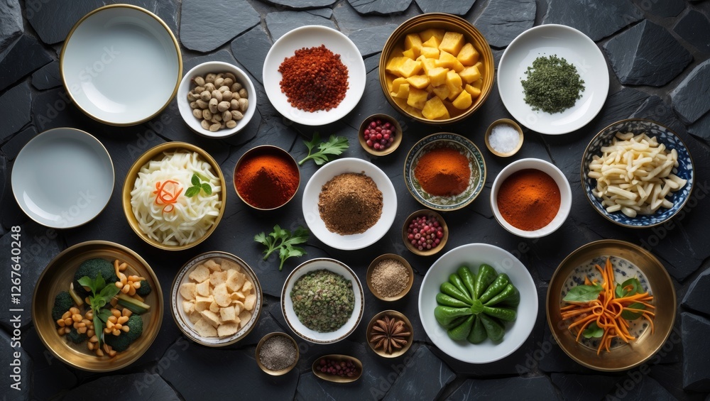 Poster colorful assortment of dishes and spices arranged on a dark stone background with empty space for te