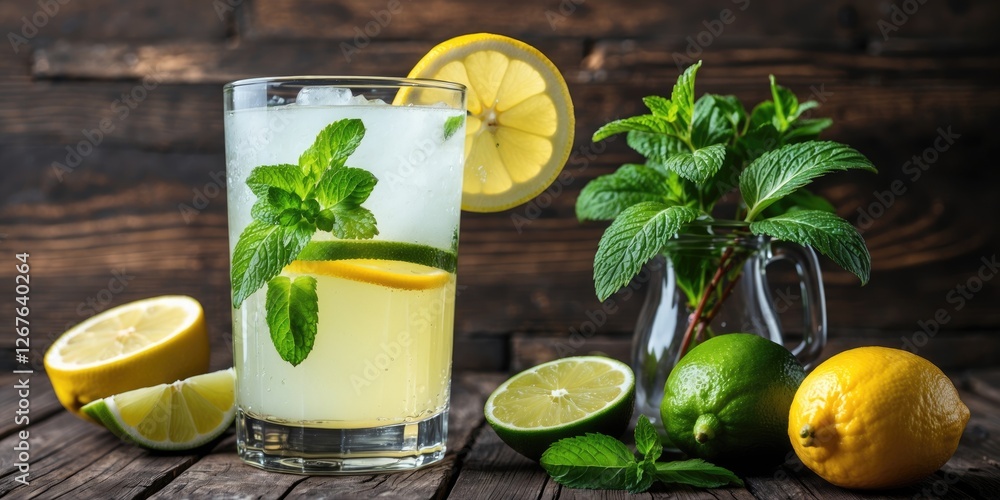 Poster Refreshing Lemonade with Mint and Citrus on Rustic Wooden Table Empty Space for Text