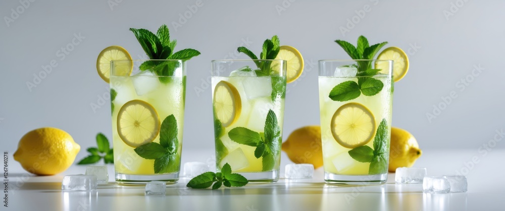 Poster refreshing lemonade with mint and ice in glasses on a light background perfect for summer drink prom