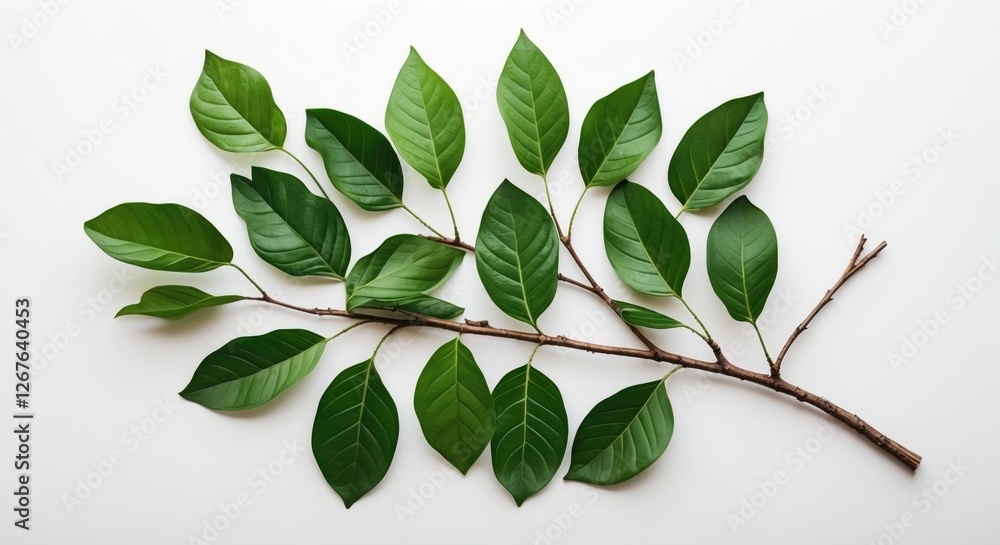 Poster lush green leaf branch isolated on white background showcasing a variety of leaf shapes and sizes fo