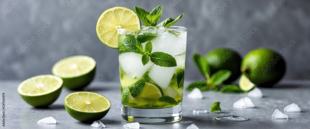 Poster refreshing mojito cocktail with lime, mint, and ice in clear glass on gray background with sliced li