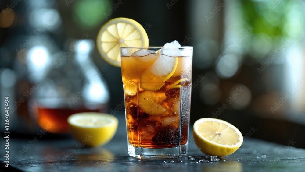 Poster refreshing iced tea with lemon served in a glass, garnished with lemon slices on a stylish dining ta