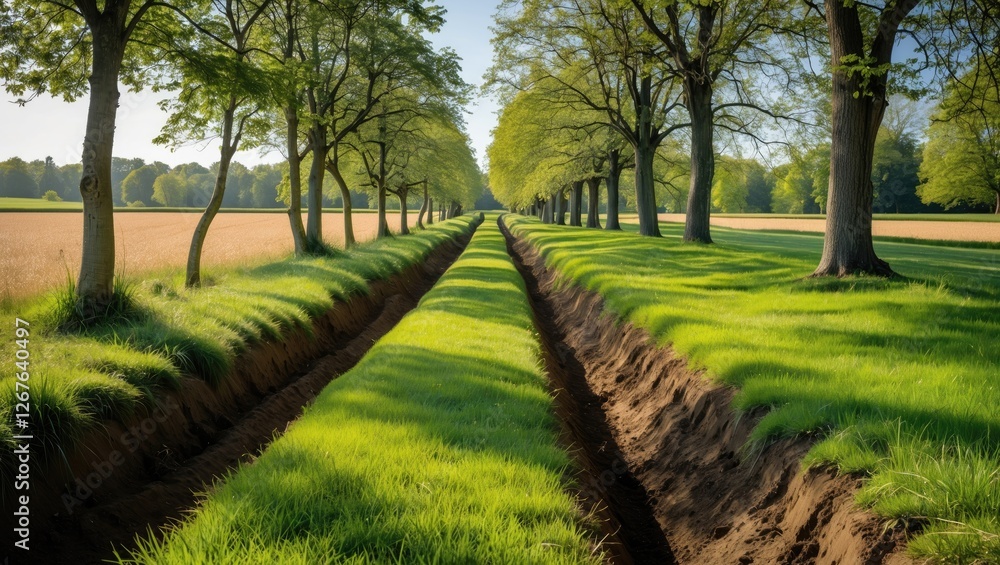 Poster grassy pathway with trenches and trees surrounded by fields on a bright sunny day in rural landscape