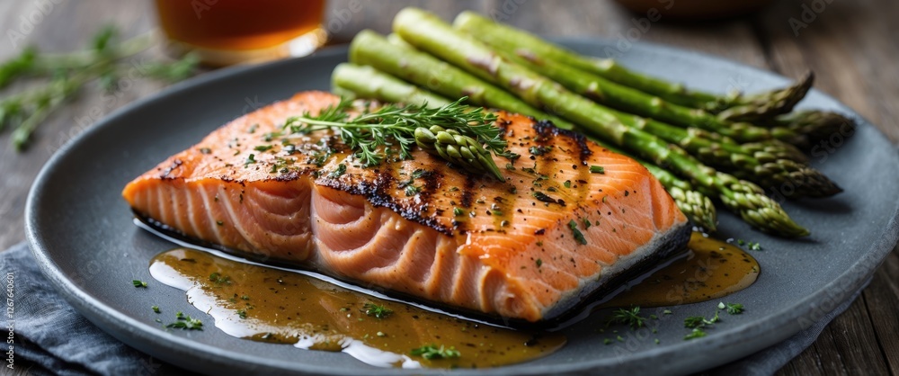 Aufkleber grilled salmon steak served with fresh asparagus and drizzled sauce on plate with blank space for te