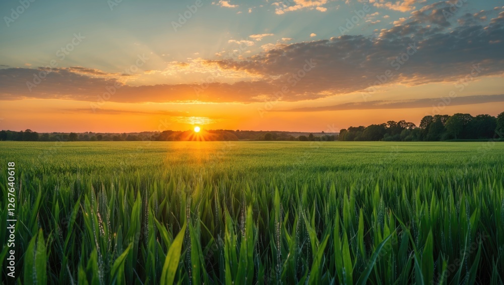 Poster lush green field under a colorful sunset sky with warm sunlight illuminating the horizon and soft cl
