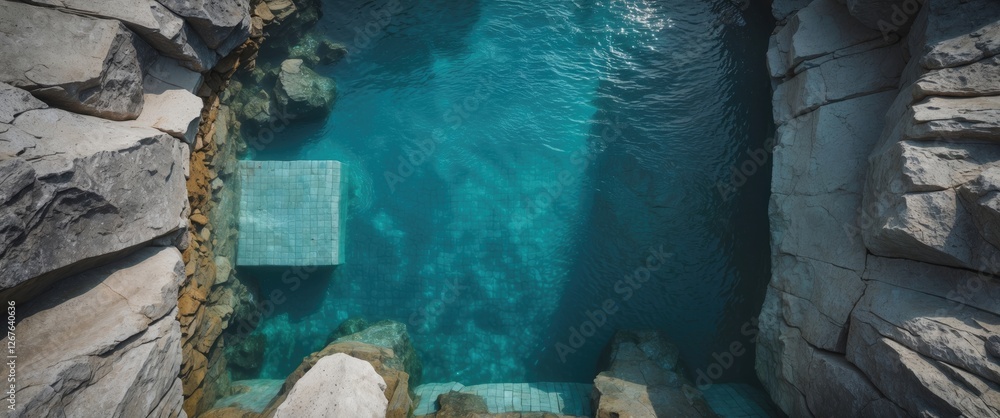 Poster aerial view of serene pool surrounded by rocky edges with inviting blue water and open space for tex