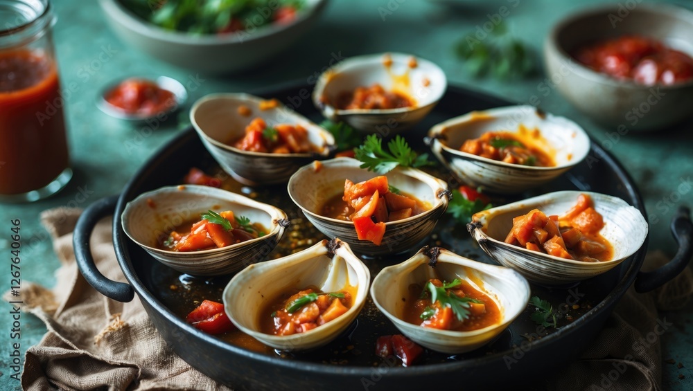 Poster Grilled Razor Clams in Spicy Sauce Served on a Plate with Fresh Vegetables and Empty Space for Text or Branding