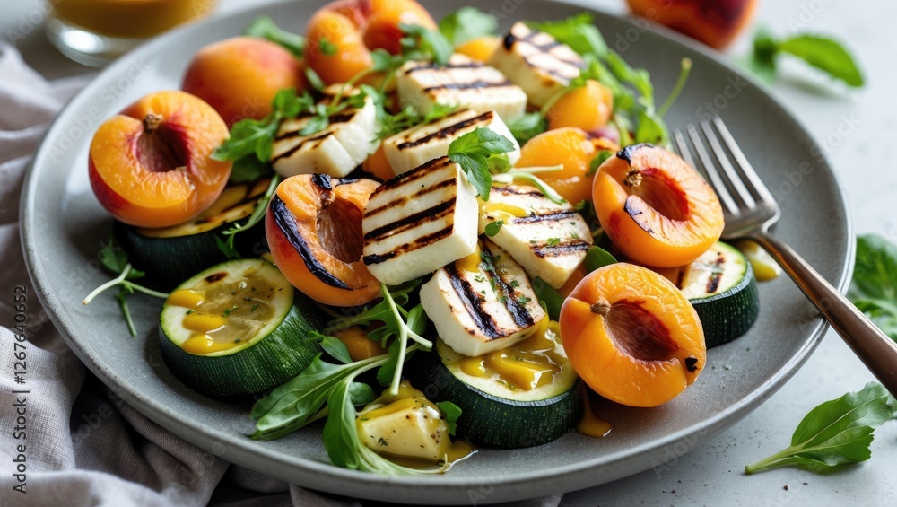 Aufkleber grilled apricot zucchini salad with halloumi mustard dressing fresh summer gourmet dish on plate wit