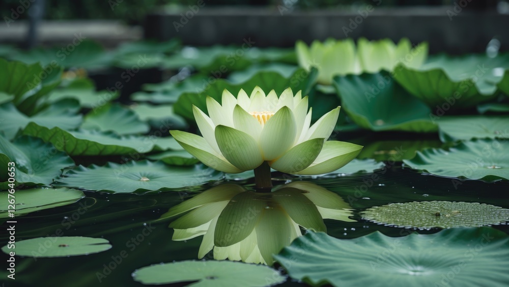 Poster Serene Green Lotus Blooming in Tranquil Water Pool with Reflection and Abundant Lily Pads for Text Placement